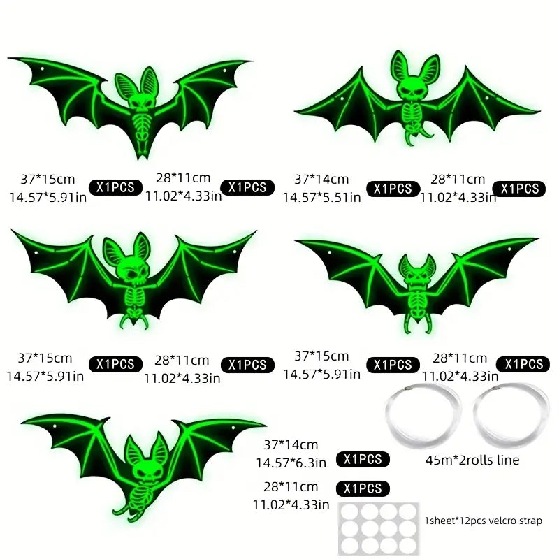 Ensemble de chauves-souris lumineuses – Ensemble de décoration murale et plafonnière 3D pour Halloween de 10 pièces en plastique