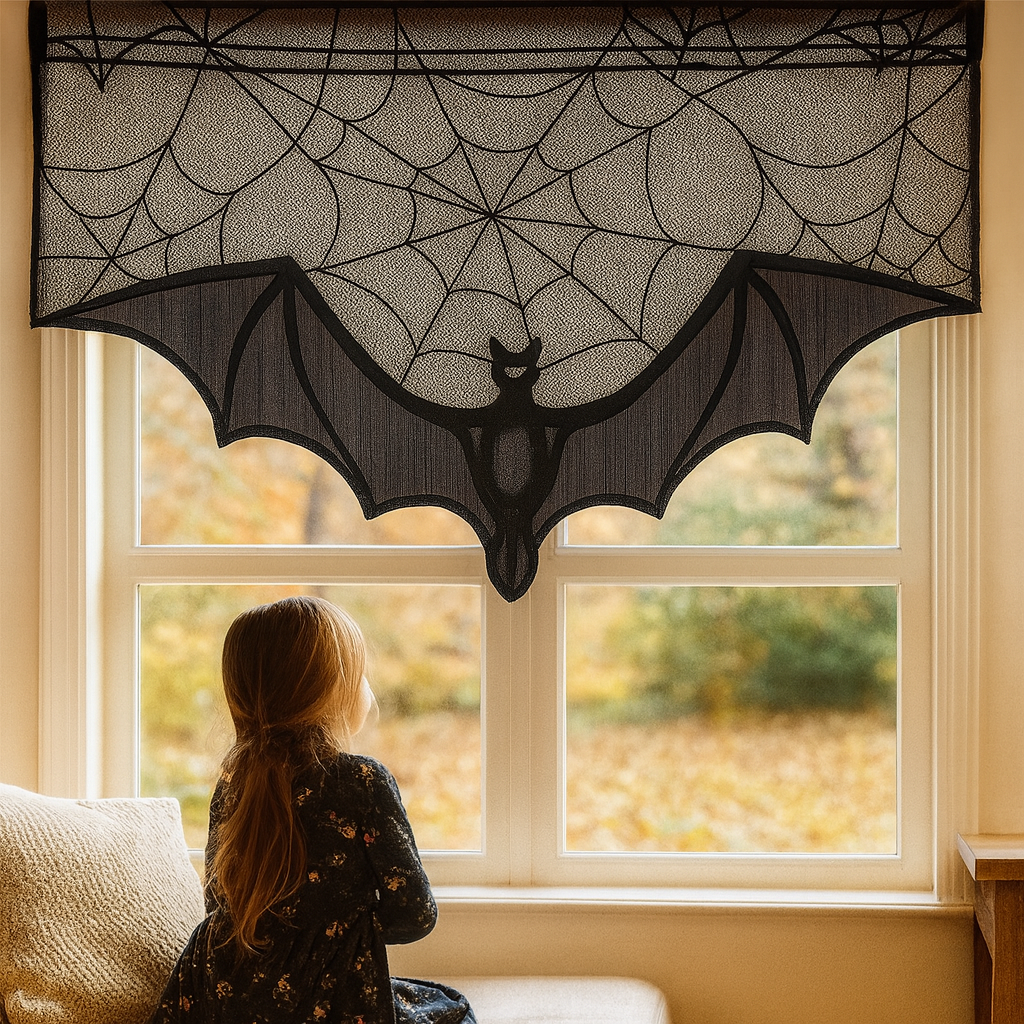 Décoration en dentelle gothique pour Halloween – Voile noir avec chauve-souris et toile d'araignée