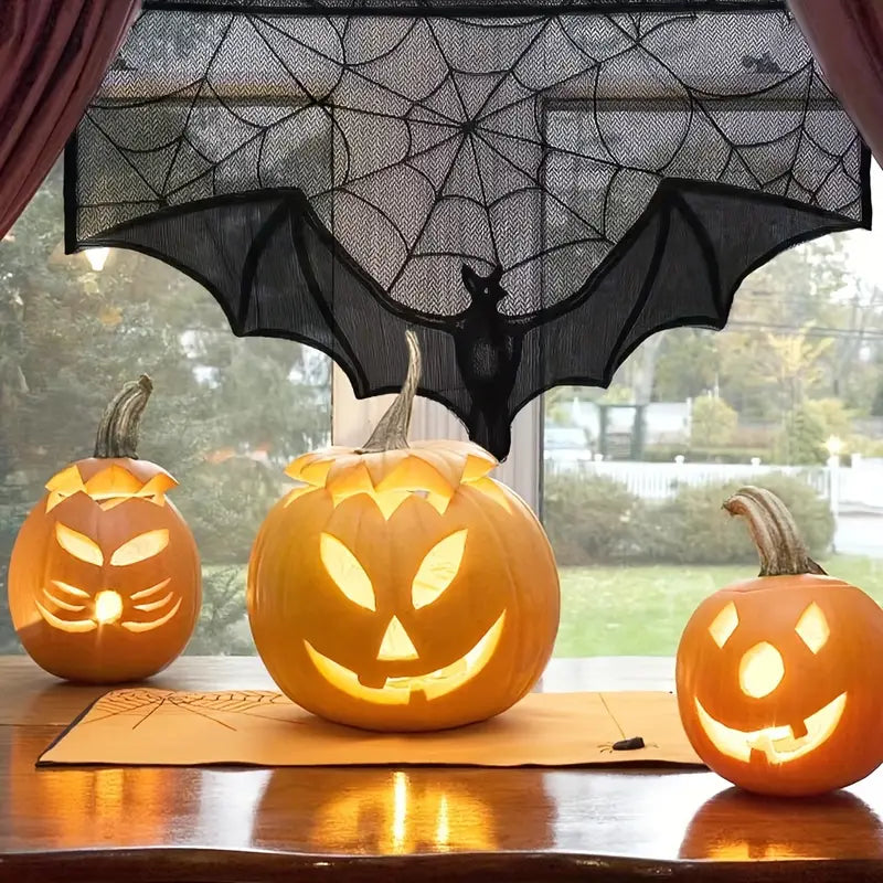 Décoration en dentelle gothique pour Halloween – Voile noir avec chauve-souris et toile d'araignée