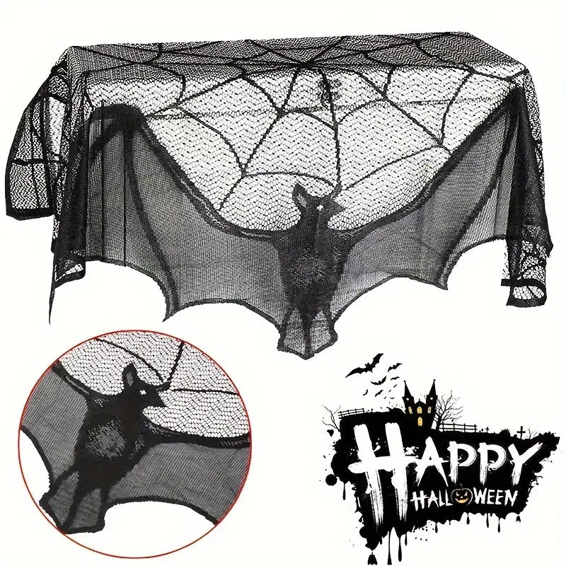 Décoration en dentelle gothique pour Halloween – Voile noir avec chauve-souris et toile d'araignée