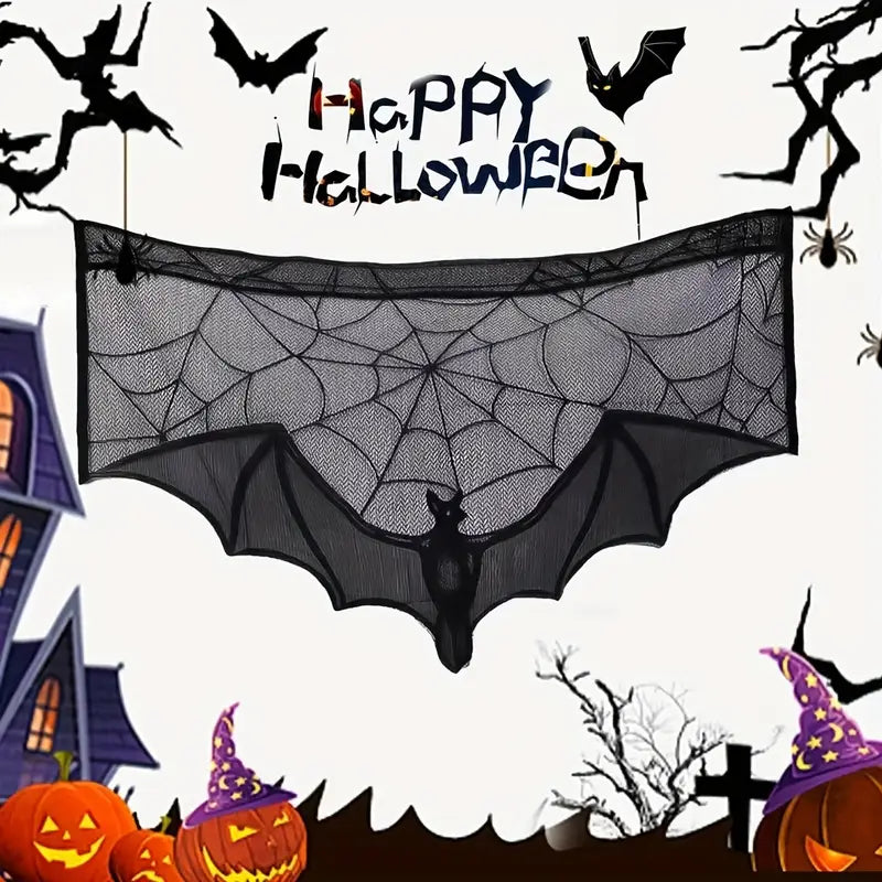 Décoration en dentelle gothique pour Halloween – Voile noir avec chauve-souris et toile d'araignée