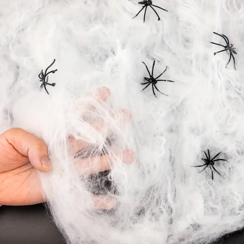 Ensemble de toiles d'araignée d'horreur – 200 toiles souples avec des araignées artificielles effrayantes
