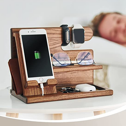 Station d'accueil Oliver DeskMate – Station de chargement et organisateur de bureau en bois pour téléphones et accessoires