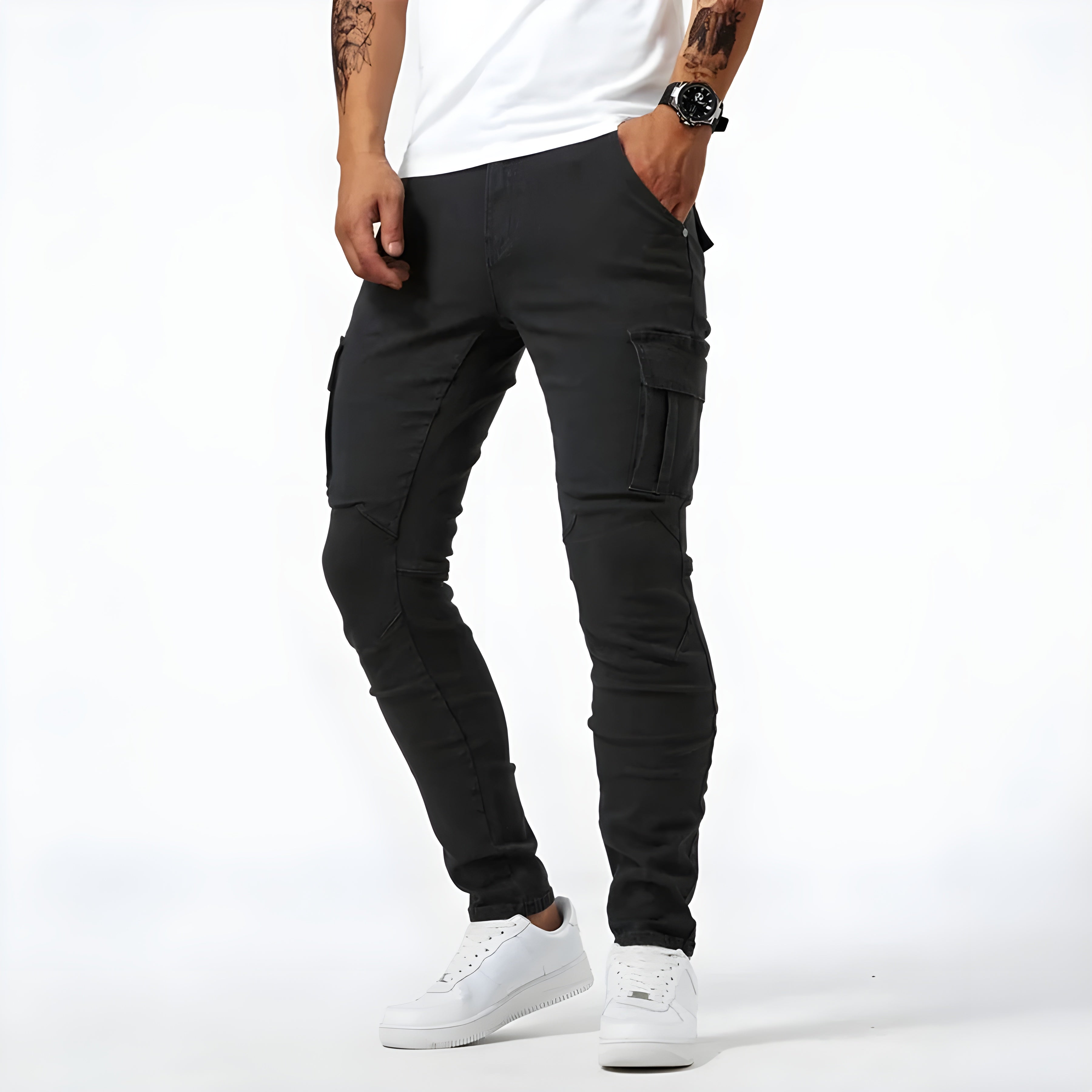 Timo - Pantalons cargo décontractés en denim à coupe slim avec poches latérales