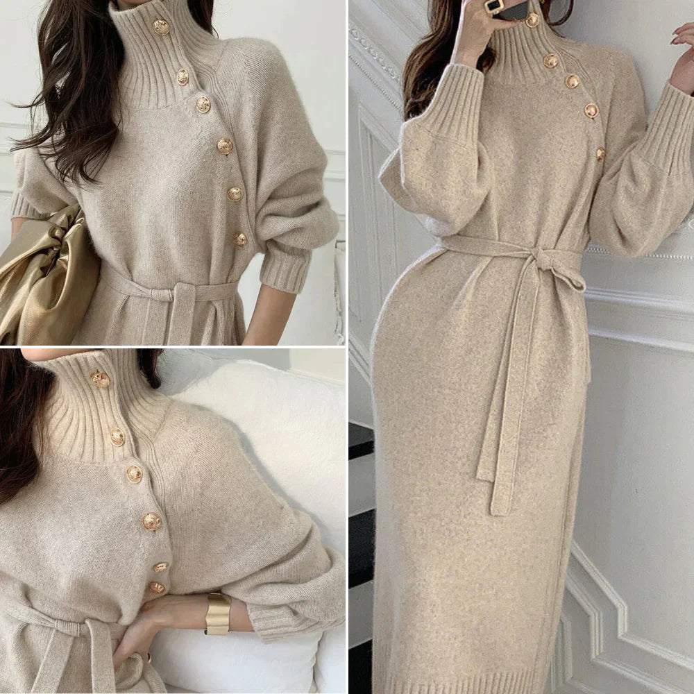 Siri - Robe en tricot à manches longues avec col haut, boutons et ceinture