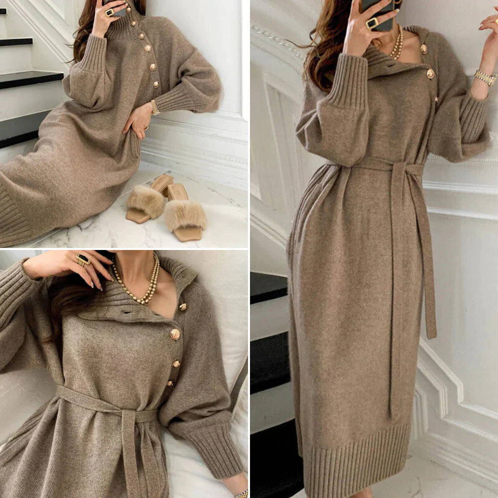 Siri - Robe en tricot à manches longues avec col haut, boutons et ceinture