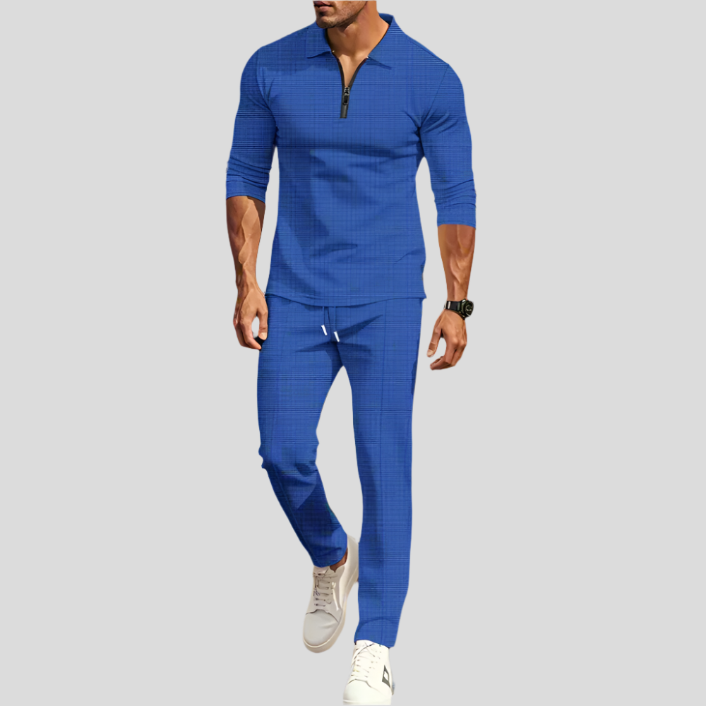 Ensemble streetwear décontracté pour hommes – haut à manches longues unicolore avec demi-zip et pantalon assorti, léger et respirant