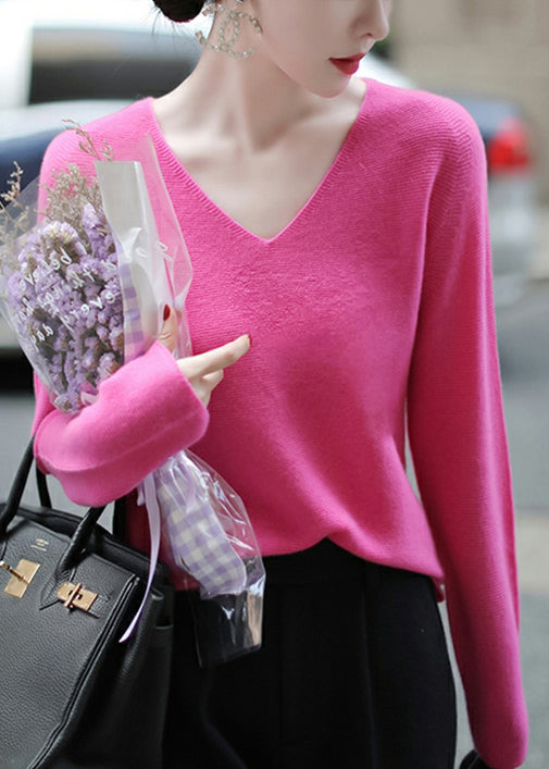 Nicole™ - Haut en laine chaud tricoté à col V en rose italien