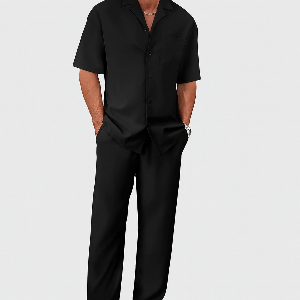 Ensemble d'entraînement pour hommes avec motif à rayures et manches courtes – haut à col à boutons et pantalon à taille élastique