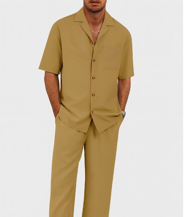 Ensemble d'entraînement pour hommes avec motif à rayures et manches courtes – haut à col à boutons et pantalon à taille élastique