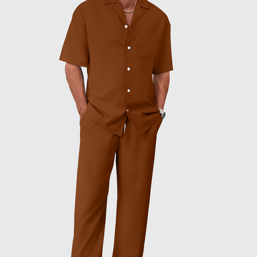 Ensemble d'entraînement pour hommes avec motif à rayures et manches courtes – haut à col à boutons et pantalon à taille élastique