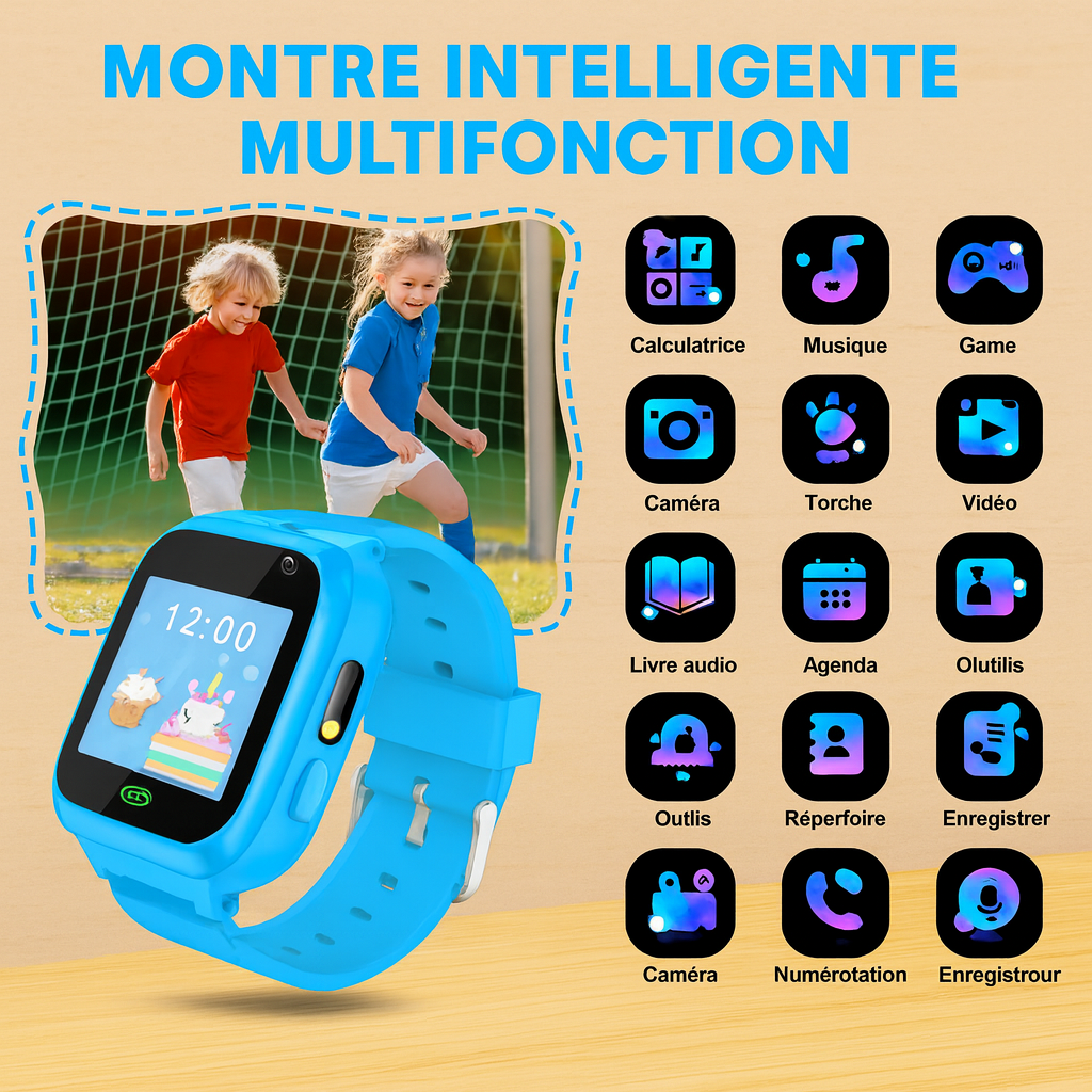 Montre connectée pour enfants avec appareil photo, musique et jeux – Amusante et éducative