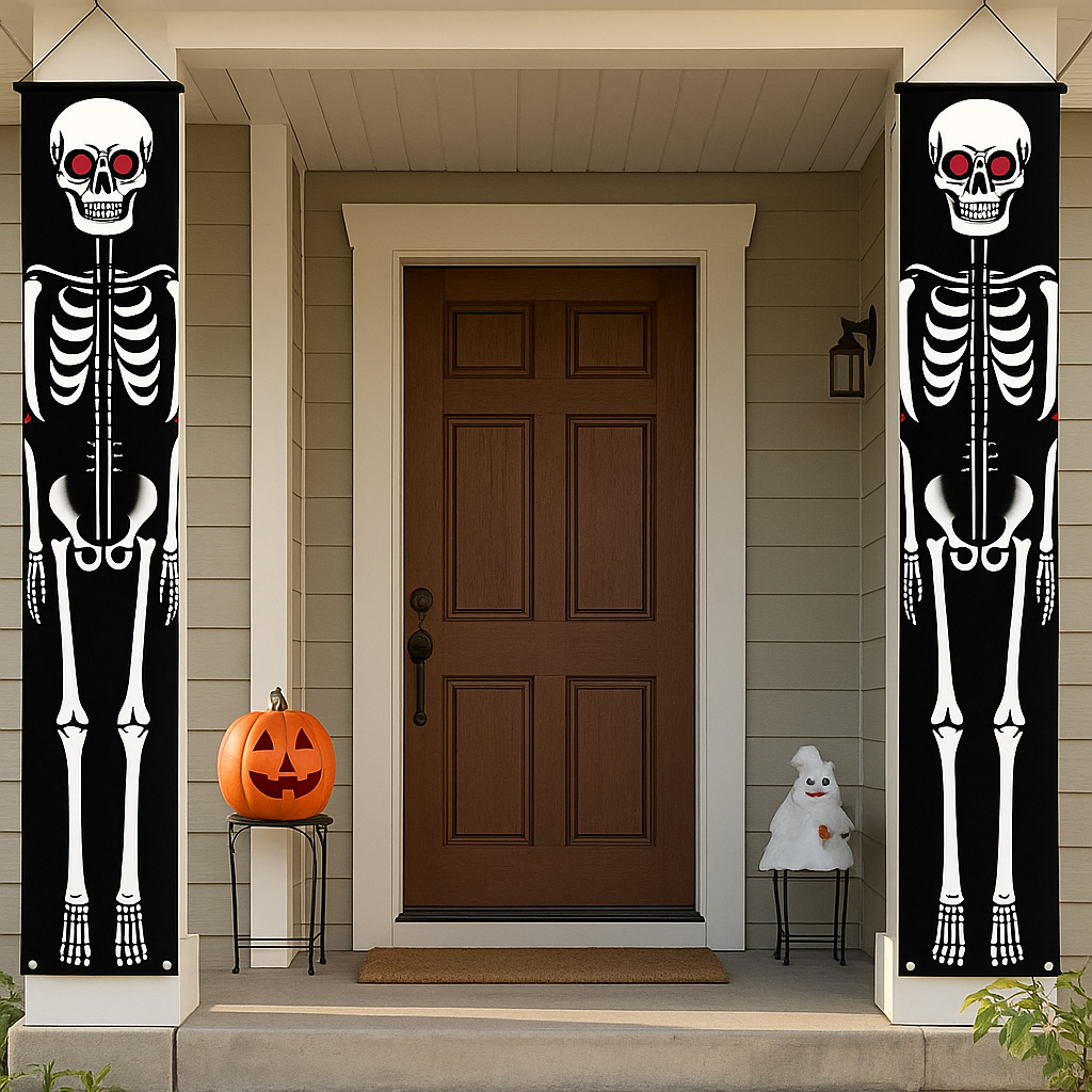 Bannière de porte d'Halloween NightShade – Enseigne à deux faces avec squelette en polyester