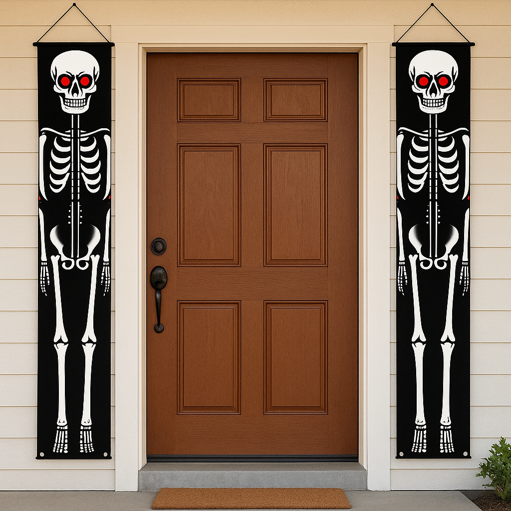 Bannière de porte d'Halloween NightShade – Enseigne à deux faces avec squelette en polyester