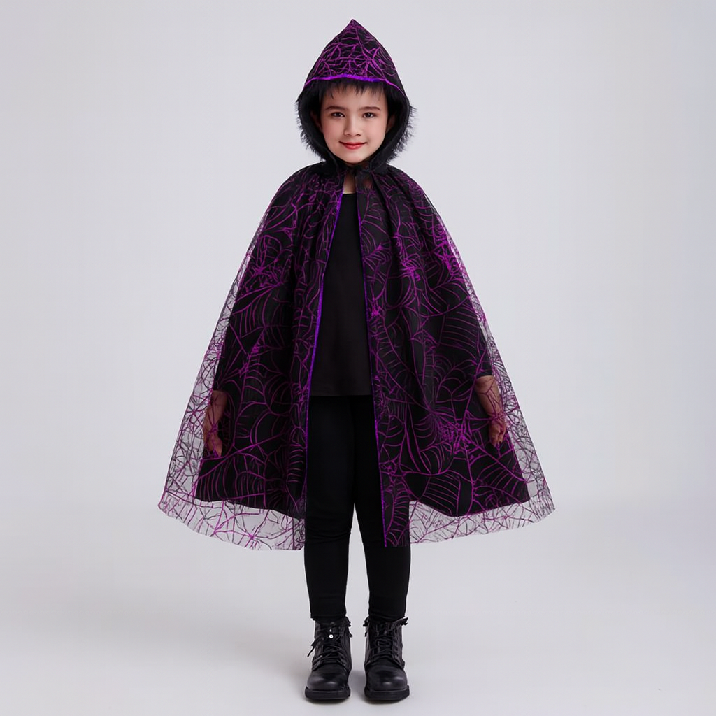 Noctira | Cape à capuche vintage Halloween avec motif en toile d'araignée et chauve-souris