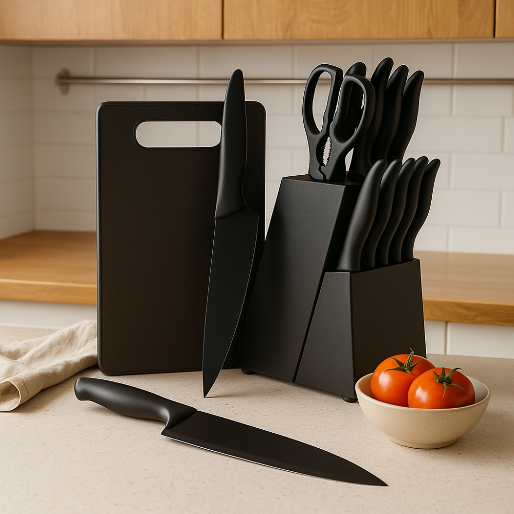 Noiresta | Ensemble de 15 pièces d'ustensiles de cuisine avec bloc de bois noir et accessoires