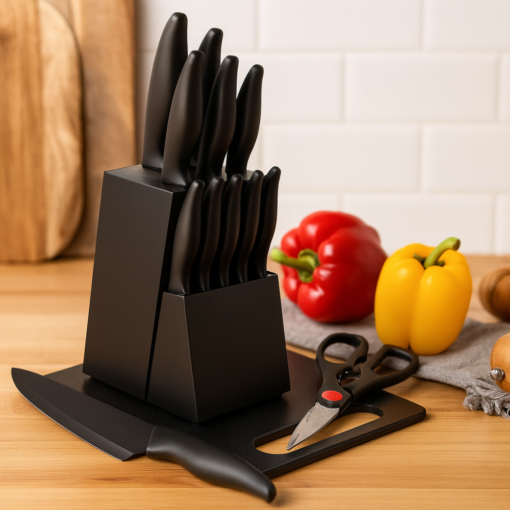 Noiresta | Ensemble de 15 pièces d'ustensiles de cuisine avec bloc de bois noir et accessoires