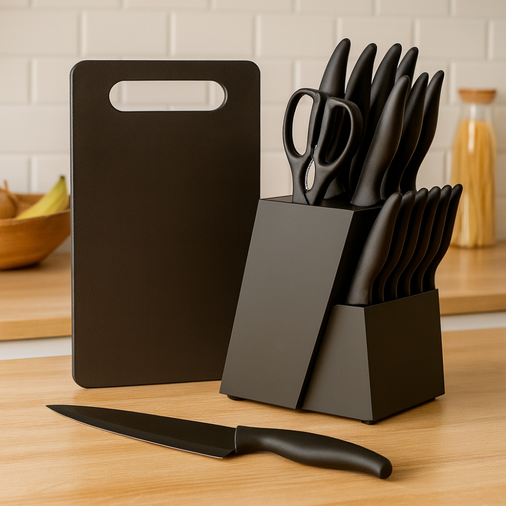 Noiresta | Ensemble de 15 pièces d'ustensiles de cuisine avec bloc de bois noir et accessoires