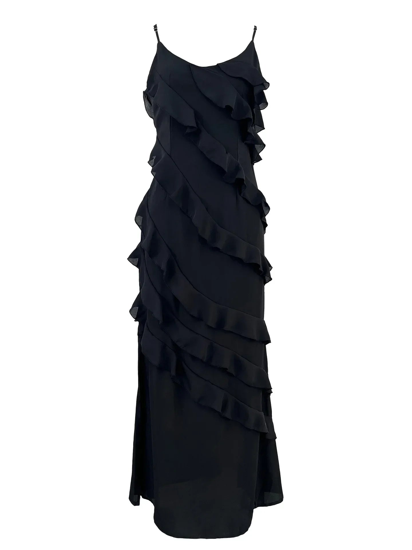 Rosalie - Robe Maxi Longue à Dos Nu à Bretelles Spaghetti Sexy avec Dentelle et Volants