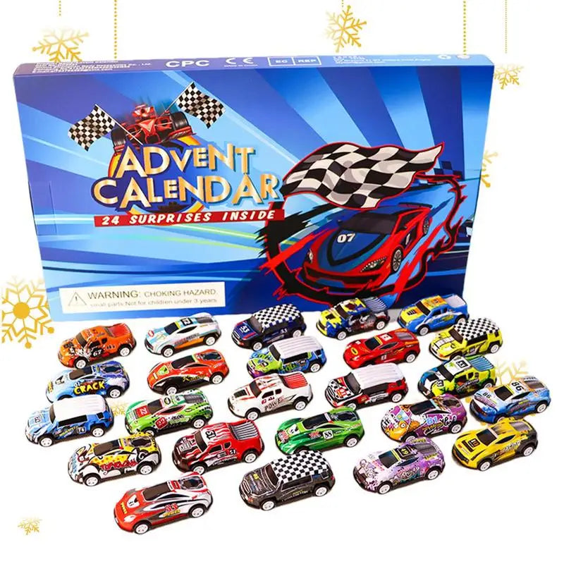24 pièces de jouets de voitures de course en bois - Calendriers de l'Avent décoratifs pour Noël