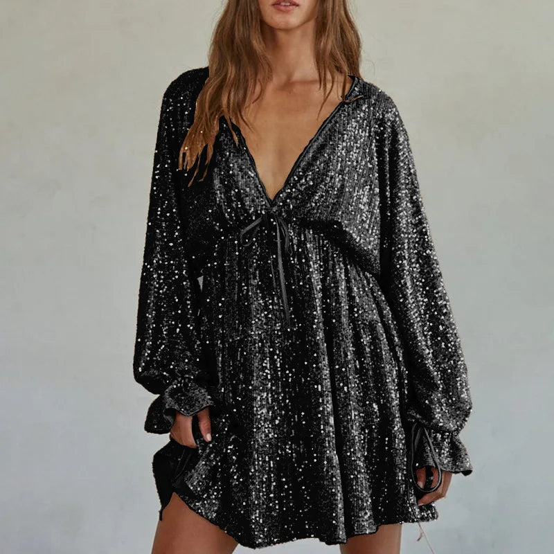 Jessica - Mini-robe scintillante à col en V