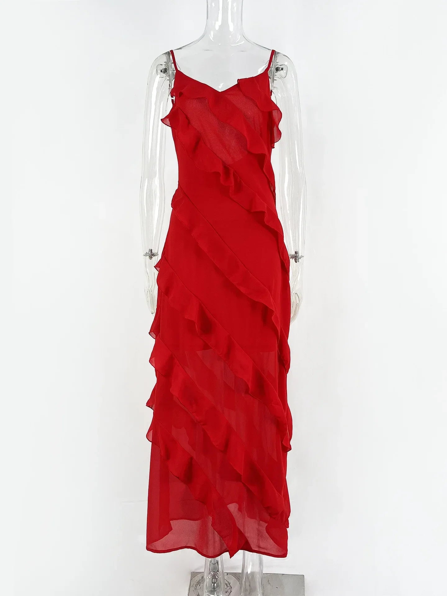 Rosalie - Robe Maxi Longue à Dos Nu à Bretelles Spaghetti Sexy avec Dentelle et Volants