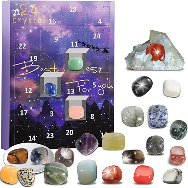 Calendrier de l'Avent de Noël de 24 jours Boîte à cadeaux Collection de pierres naturelles