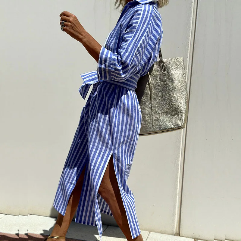 Alisha - Robe classique à manches longues rayées