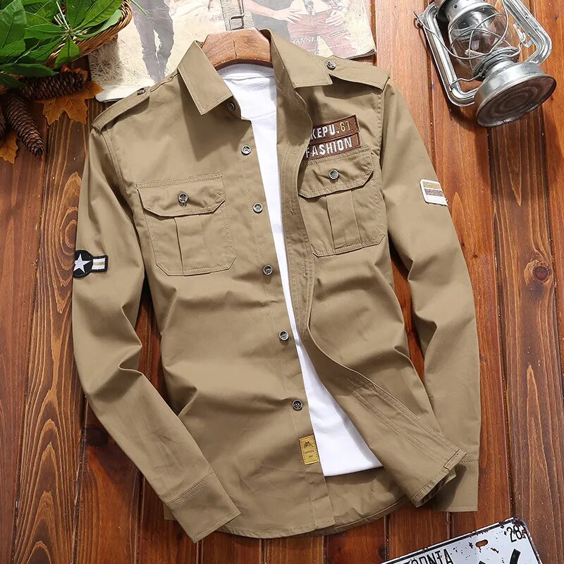 Leon - Chemise homme à manches longues avec poches multiples et patchs