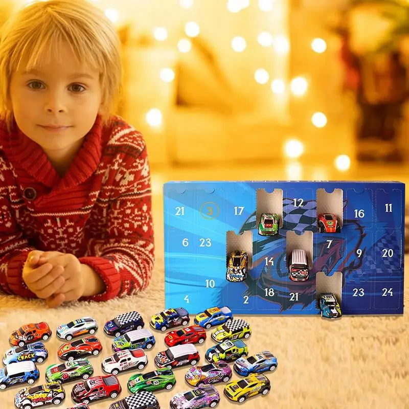 24 pièces de jouets de voitures de course en bois - Calendriers de l'Avent décoratifs pour Noël