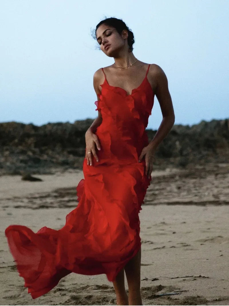 Rosalie - Robe Maxi Longue à Dos Nu à Bretelles Spaghetti Sexy avec Dentelle et Volants