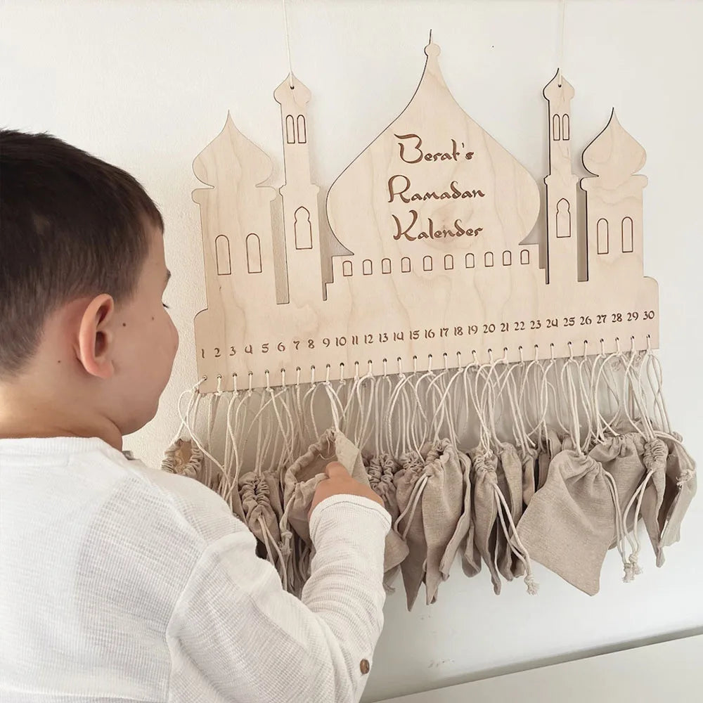 Pendentif en sac de jute du château de Ramadan, calendrier de compte à rebours en bois