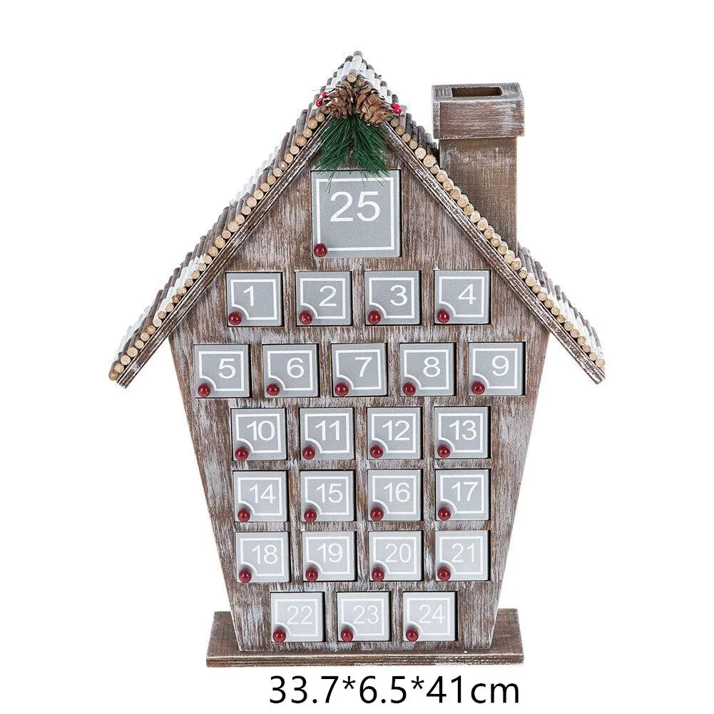 Calendrier de l'Avent en bois avec 25 tiroirs de rangement en forme de maison de Noël