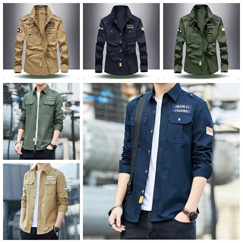 Leon - Chemise homme à manches longues avec poches multiples et patchs