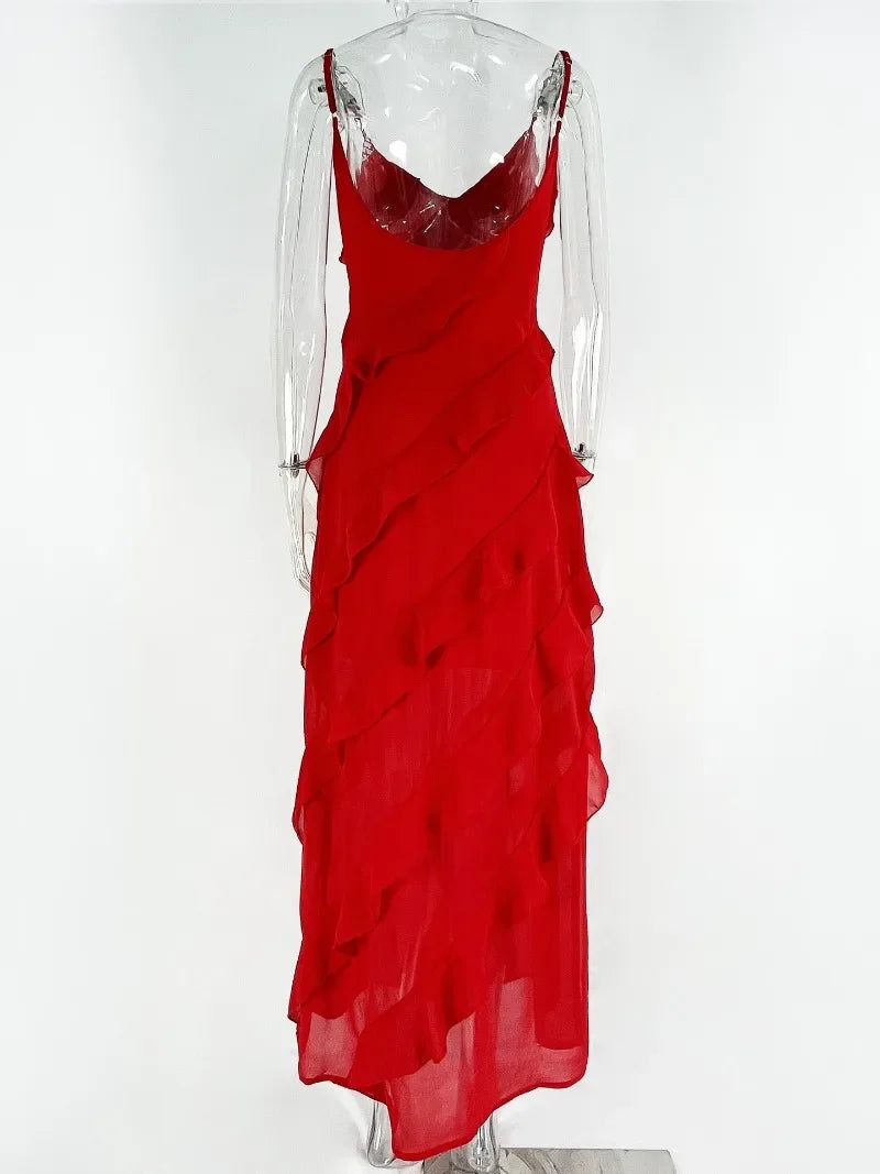 Rosalie - Robe Maxi Longue à Dos Nu à Bretelles Spaghetti Sexy avec Dentelle et Volants