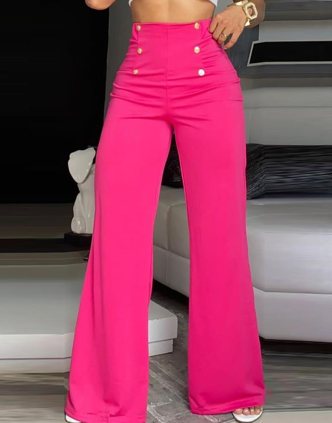 Emilia – Pantalons taille haute à jambes larges et détails de boutons