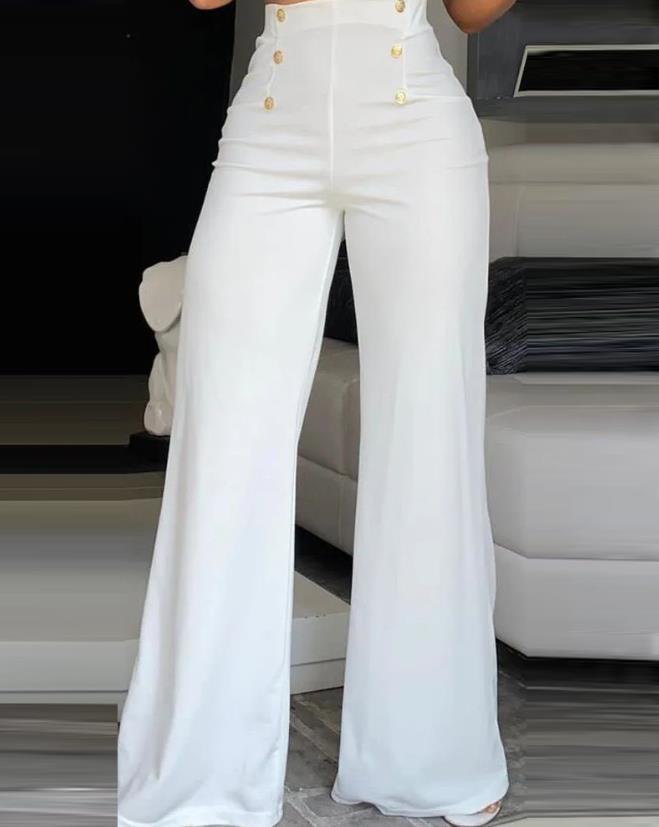 Emilia – Pantalons taille haute à jambes larges et détails de boutons