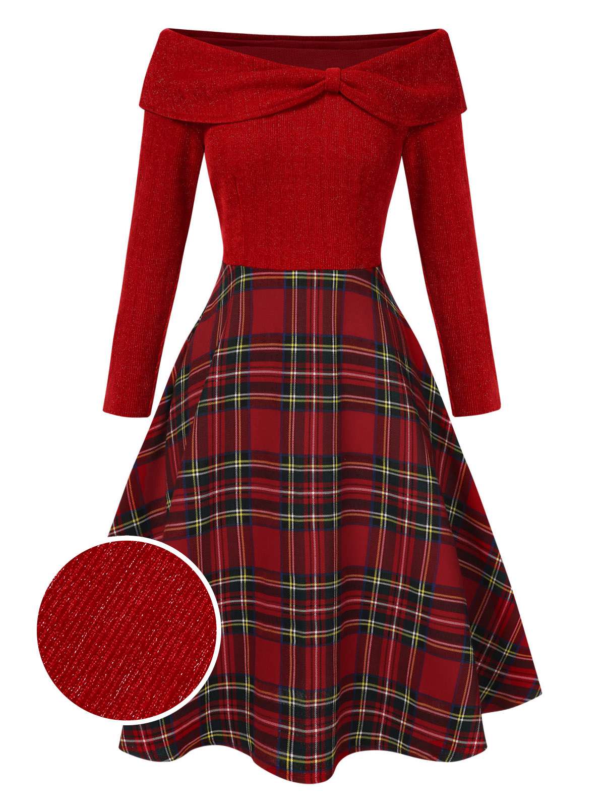 Robe à carreaux décolletée à épaule dégagée Venus rétro juillet