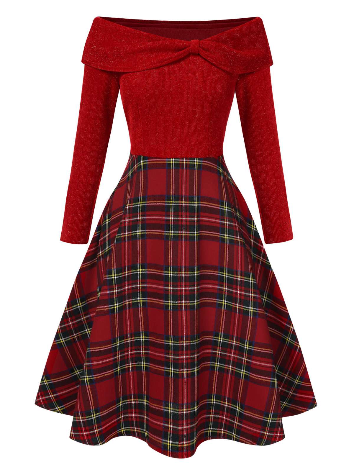 Robe à carreaux décolletée à épaule dégagée Venus rétro juillet
