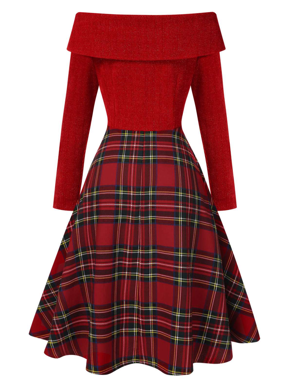 Robe à carreaux décolletée à épaule dégagée Venus rétro juillet