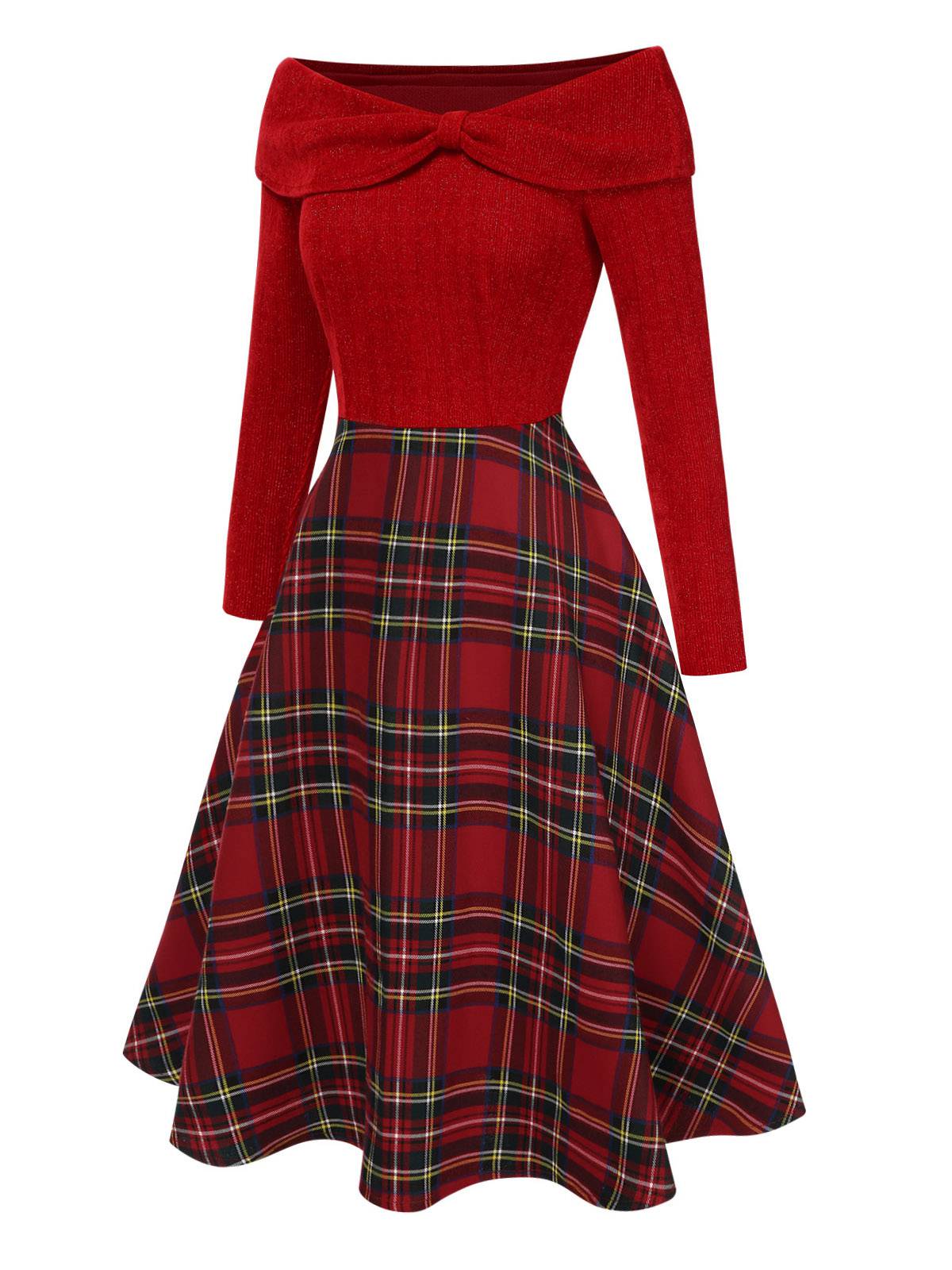 Robe à carreaux décolletée à épaule dégagée Venus rétro juillet