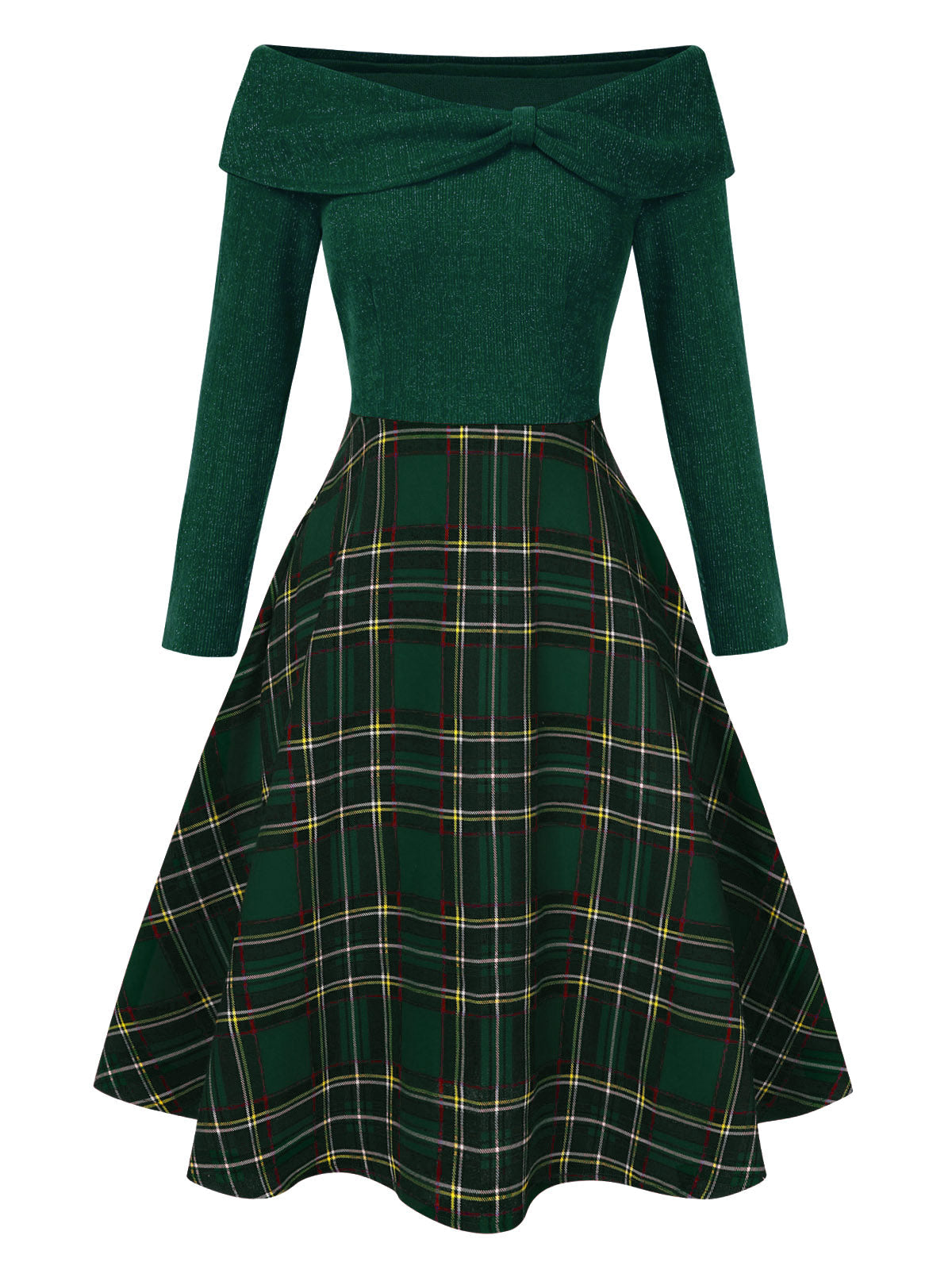 Robe à carreaux décolletée à épaule dégagée Venus rétro juillet