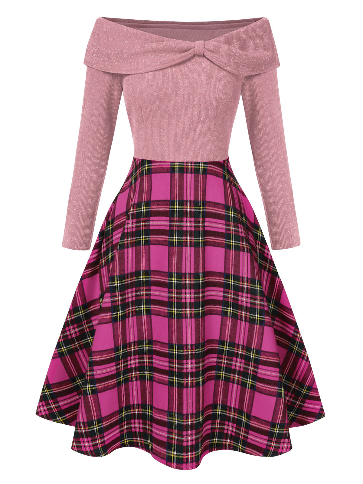 Robe à carreaux décolletée à épaule dégagée Venus rétro juillet