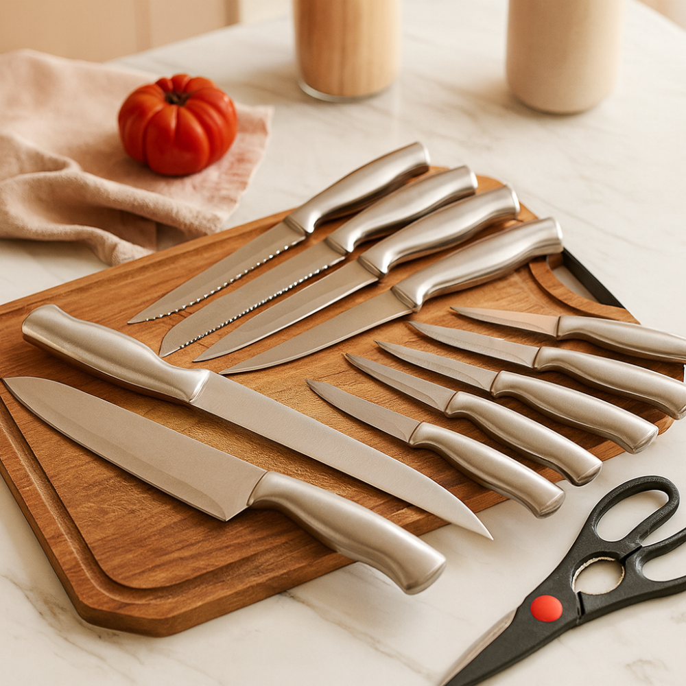 Sande | Set de 14 pièces d'ustensiles de cuisine en acier inoxydable avec bloc en bois massif