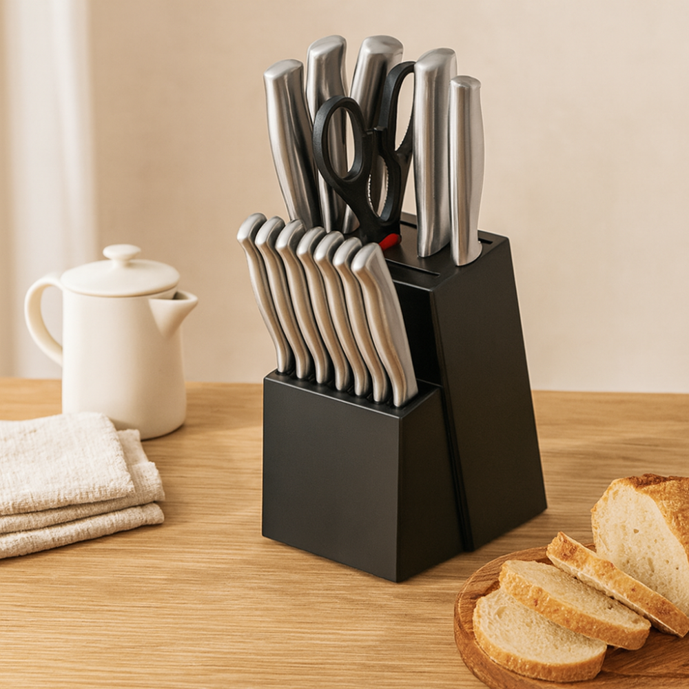 Sande | Set de 14 pièces d'ustensiles de cuisine en acier inoxydable avec bloc en bois massif