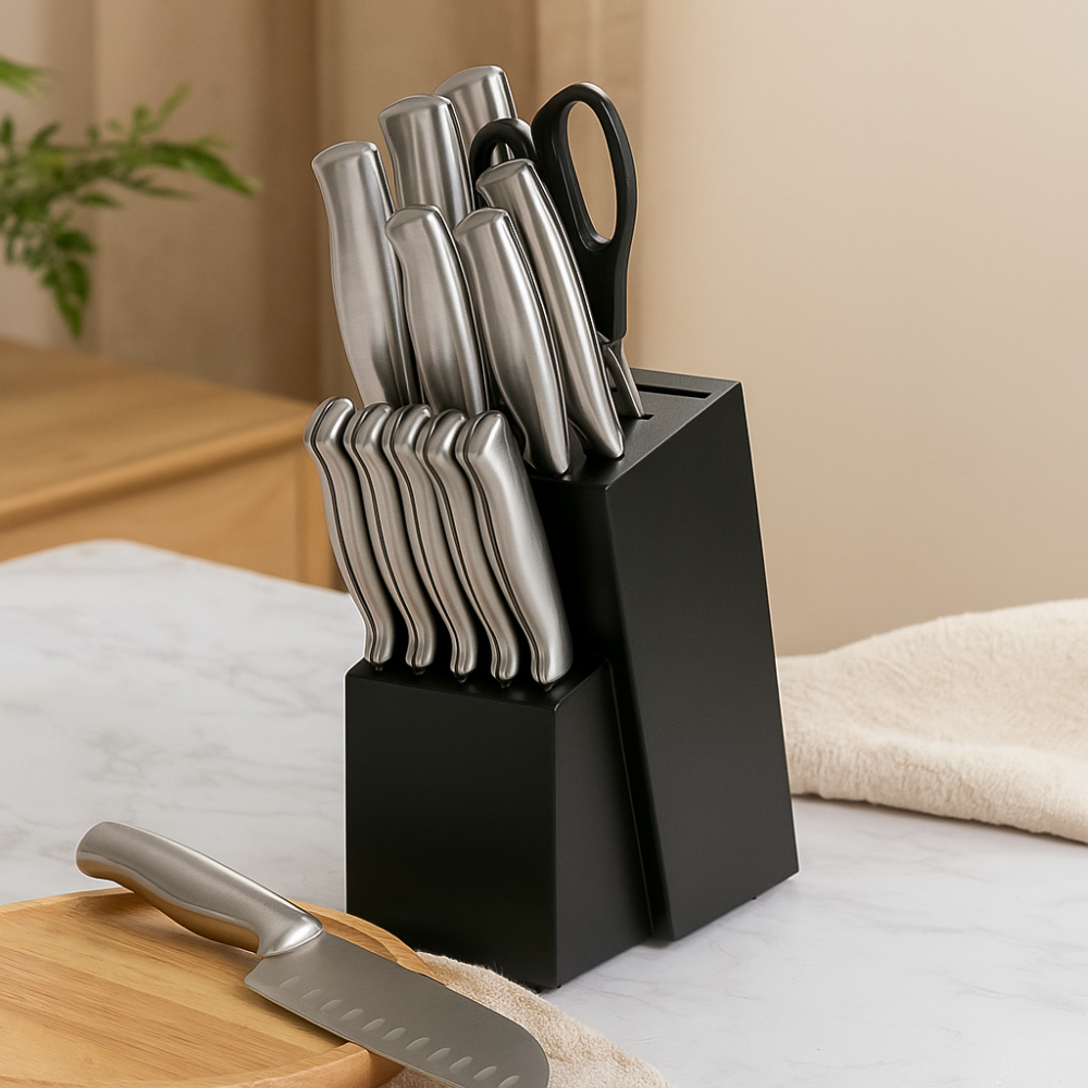 Sande | Set de 14 pièces d'ustensiles de cuisine en acier inoxydable avec bloc en bois massif