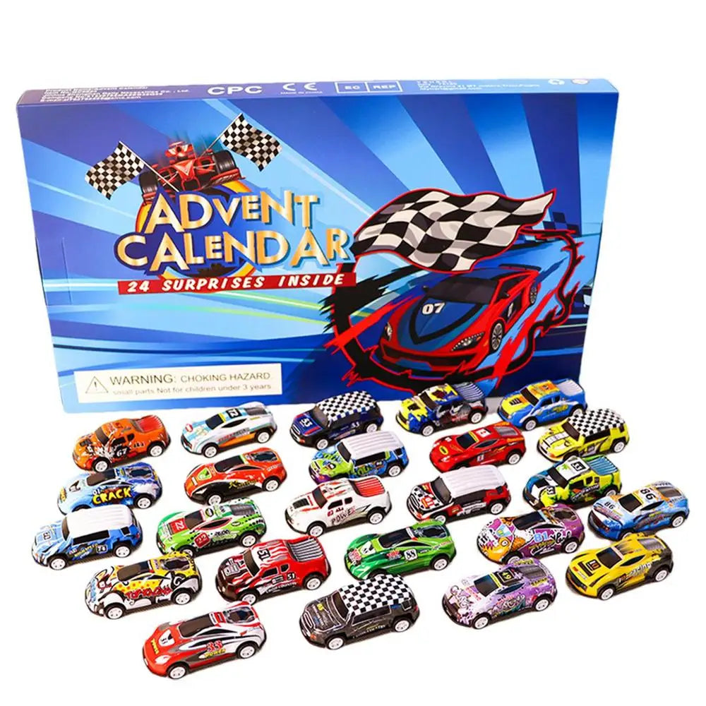 24 pièces de jouets de voitures de course en bois - Calendriers de l'Avent décoratifs pour Noël