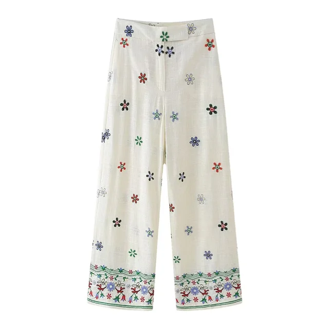 Pantalon droit à broderie florale en coupe décontractée Ruby