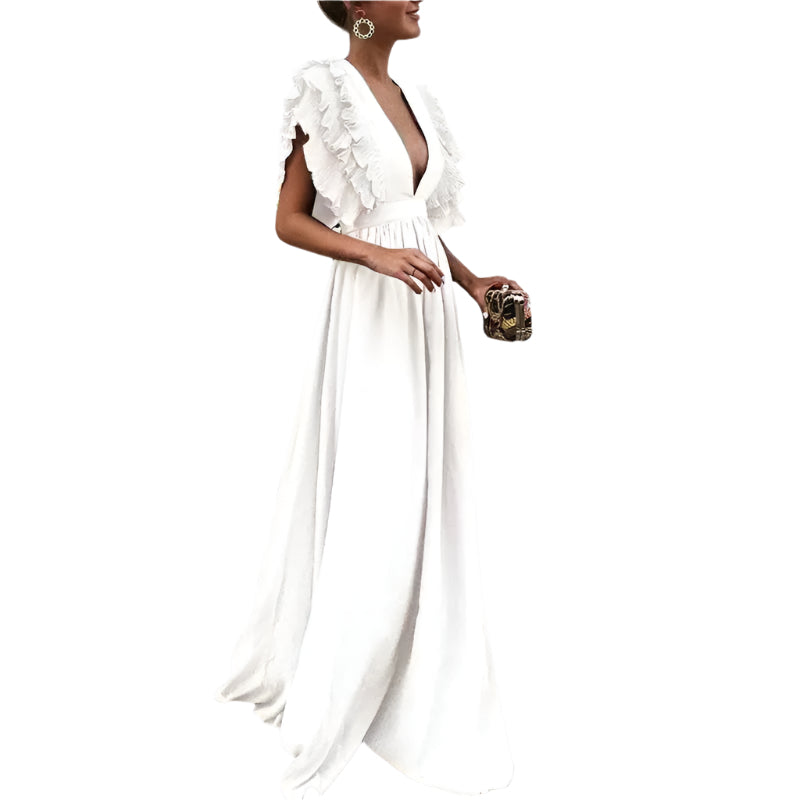 LuxeFlair - Robe maxi à décolleté en V profond et manches à volants