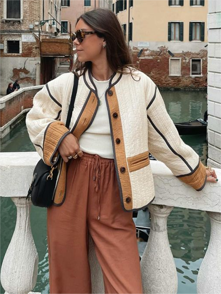 Mari - Manteau patchwork à manches longues avec boutons